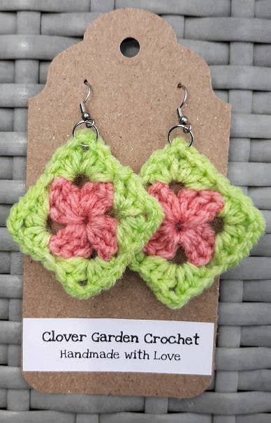 Crochet Granny Square Drop Earrings Bright Summer Colors