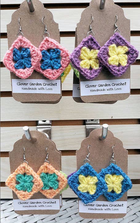 Crochet Granny Square Drop Earrings Bright Summer Colors