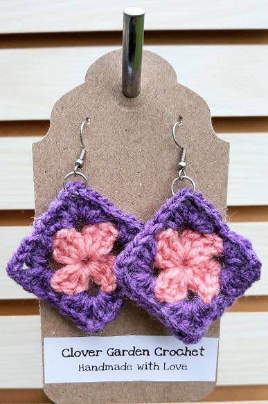 Crochet Granny Square Drop Earrings Bright Summer Colors